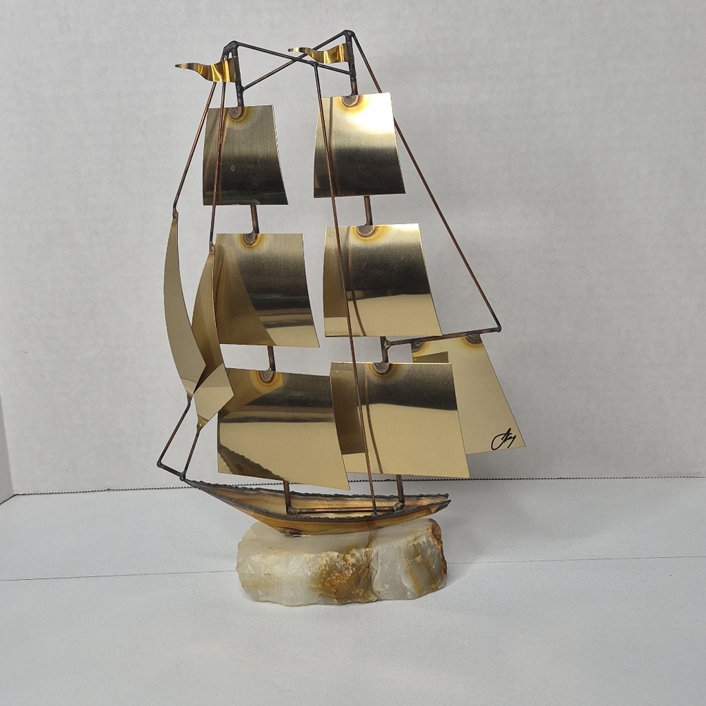 Vintage Mario Jason Torch Cut Brass Sailboat Sculpture on Onyx Base Signed